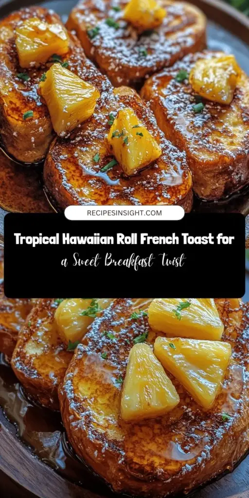 Elevate your breakfast game with Sunny Hawaiian Roll French Toast! This tropical twist on a classic dish uses soft, slightly sweet Hawaiian rolls soaked in a creamy custard for a delicious start to your day. Top with syrup and fresh pineapple for a burst of flavor that transports you to paradise. Perfect for brunch gatherings or family breakfasts, it’s sure to be a hit! Try this simple yet indulgent recipe today! #FrenchToast #HawaiianRolls #BreakfastRecipes #BrunchIdeas #TropicalFlavors