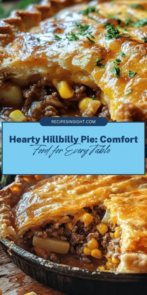 Discover the heartwarming goodness of Hillbilly Pie, a savory delight that brings comfort to every family table. With a rich filling of ground beef, fresh vegetables, and creamy cheese enveloped in a golden crust, this dish is perfect for chilly evenings or gatherings. Its versatility allows you to adapt it for meat lovers, vegetarians, or those seeking gluten-free options. Embrace the flavor of Appalachian cuisine and create a memorable meal everyone will love! #HillbillyPie #ComfortFood #AppalachianCuisine #FamilyMeals #HeartyRecipes #HomeCooking #Foodie