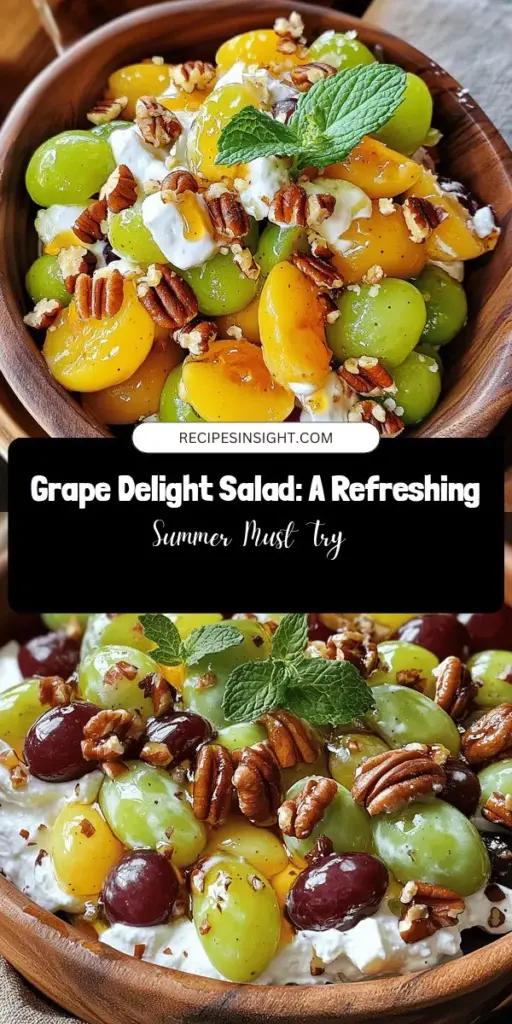 Discover the Grape Delight Salad, the perfect dish for warm weather! This refreshing salad is a versatile blend of sweet grapes, creamy dressing, and crunchy nuts, making it ideal for potlucks, picnics, or simply enjoying at home. Packed with vitamins and probiotics, it’s as nutritious as it is delicious. Elevate your meals with this vibrant crowd-pleaser! #GrapeDelightSalad #HealthyEating #SummerSalad #RefreshingRecipes #HealthySnacks #FruitSalad