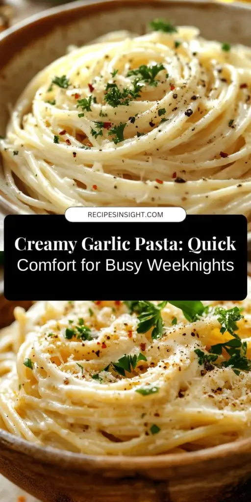 Looking for a quick and satisfying weeknight meal? Try this Quick and Creamy Garlic Pasta! Ready in under 30 minutes, this flavorful dish combines garlic, creamy sauce, and pasta to create a comforting meal loved by all. Perfect for busy evenings or impressing guests, the recipe allows for easy customization with veggies or protein. Get ready to indulge in rich flavors that will make any night feel special! #PastaRecipes #QuickMeals #GarlicLovers #ComfortFood #FamilyDinner