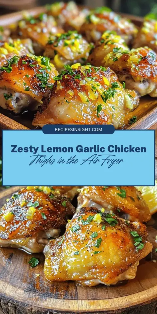 Discover the deliciousness of Zesty Lemon Garlic Air Fryer Chicken Thighs! This quick and easy recipe combines juicy chicken thighs with the vibrant flavors of lemon, garlic, and herbs, all cooked to crispy perfection in an air fryer. Perfect for busy nights, this meal is both healthy and satisfying. Pair it with fresh salads or roasted veggies for a complete dish. Try it tonight and impress your family! #AirFryerRecipes #ChickenThighs #HealthyEating #QuickMeals #LemonGarlic #YummyFood #DinnerIdeas