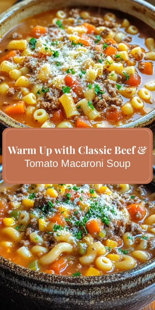 Warm up with a comforting bowl of Classic Beef & Tomato Macaroni Soup! This hearty dish combines ground beef, vibrant tomatoes, and tender macaroni, making it a favorite for families everywhere. With its rich history and nutritional benefits, this soup not only satisfies your cravings but also creates cherished memories around the table. Dive into our step-by-step guide to prepare this delicious recipe. Perfect for chilly nights! #SoupSeason #ComfortFood #HomeCooking #BeefandTomato #HealthyRecipes #FamilyFavorites