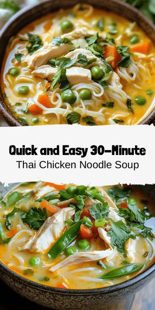 Discover a burst of flavor with this easy 30-Minute Thai Chicken Noodle Soup recipe! Perfect for busy weeknights, this nourishing dish features tender chicken thighs, aromatic herbs, and a creamy coconut milk base. Packed with fresh veggies and customizable to suit your taste, it's a delightful introduction to authentic Thai cuisine right at home. Bring the vibrant essence of Thailand to your kitchen tonight! #ThaiFood #ChickenNoodleSoup #QuickRecipes #HealthyEating #ComfortFood #30MinuteMeals #Foodie