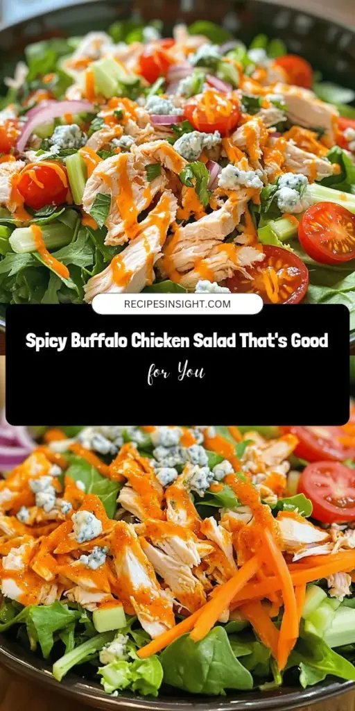 Spice up your meal with this vibrant Spicy Buffalo Chicken Salad! Combining tender shredded chicken, zesty Buffalo sauce, and a colorful mix of fresh greens and veggies, this salad offers all the bold flavors you love in a healthier, lighter form. It's packed with nutrients and perfect for lunch or dinner. Customize it with your favorite toppings and dressings for a delicious twist on a classic favorite! #BuffaloChickenSalad #HealthyEating #SpicySalad #MealPrep #HealthyRecipes