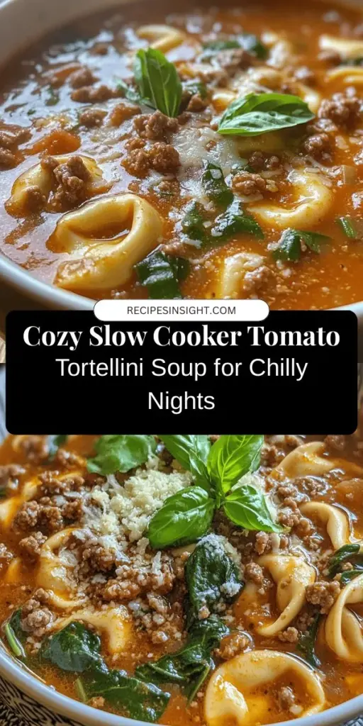 Warm up this season with a bowl of Cozy Slow Cooker Tomato Tortellini Soup with Ground Beef! This hearty dish brings together savory ground beef, tangy tomatoes, and tender tortellini, creating a comforting meal for chilly evenings. Simply toss all ingredients in your slow cooker and let the flavors meld together for hours. Perfect for family gatherings or meal prep! #SlowCooker #TomatoSoup #ComfortFood #Tortellini #FamilyMeal #EasyRecipes #HeartySoup #FallCooking