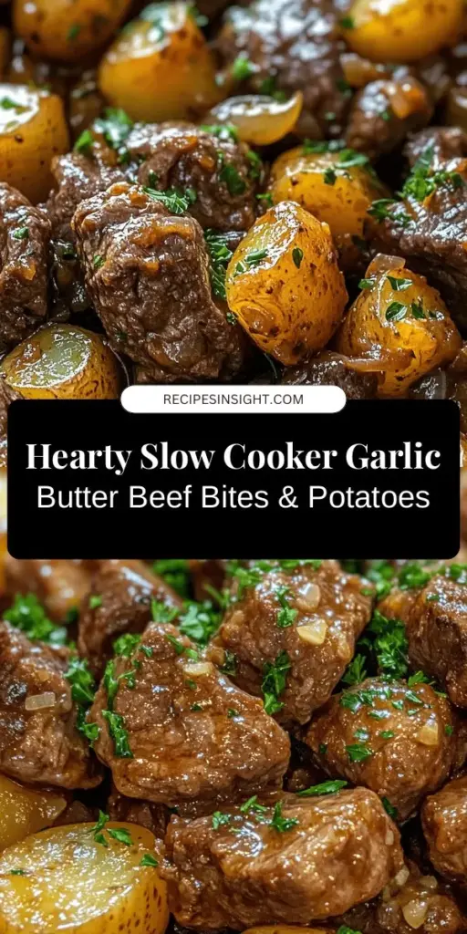 Explore the comforting flavors of Slow Cooker Garlic Butter Beef Bites & Potatoes! This easy recipe delivers tender beef and buttery potatoes with minimal effort, perfect for busy weeknights. Simply layer your ingredients in the slow cooker, set it, and enjoy a hearty meal that feels like a warm hug. Ideal for family dinners or impressing guests, this dish is a must-try! #SlowCookerRecipes #BeefBites #ComfortFood #EasyDinner #CookingAtHome #DinnerIdeas #Foodie