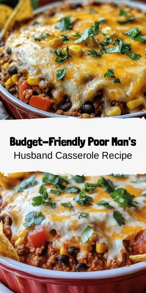 Discover the ultimate budget-friendly meal with Poor Man's Husband Casserole! This comforting dish combines ground meat, black beans, corn, and cheese into a hearty casserole that's perfect for busy weeknights or family gatherings. Easy to make and rich in flavor, it's a versatile recipe that allows for ingredient swaps based on your pantry. Enjoy a satisfying, delicious dinner without breaking the bank! #BudgetMeals #CasseroleRecipe #EasyDinner #ComfortFood #FamilyRecipes #HomeCooking