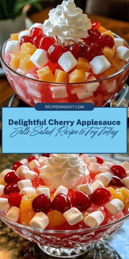 Create a nostalgic and colorful Cherry Applesauce Jello Salad that's perfect for gatherings! This dessert combines cherry-flavored gelatin, creamy applesauce, and cherry pie filling for a sweet, slightly tart treat that everyone will love. It's simple to make and ideal for potlucks or holiday parties. Get ready to impress with this delightful dish that brings people together! #JelloSalad #CherryApplesauce #Potluck #DessertRecipes #Nostalgia #CookingFun #FruitSalad