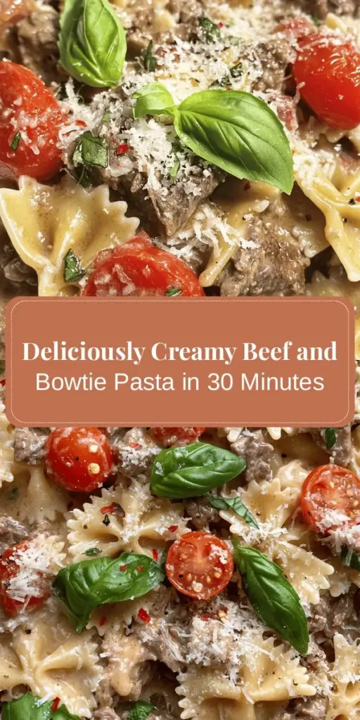 Whip up a comforting and delicious meal with our Creamy Beef and Bowtie Pasta recipe! This easy dish combines the richness of heavy cream, savory ground beef, and tender bowtie pasta for a satisfying dinner in just 30 minutes. Add a pop of freshness with cherry tomatoes and finish with a sprinkle of Parmesan. Perfect for busy nights or family gatherings, this recipe is sure to become a favorite! #CreamyPasta #BeefDish #QuickRecipe #DinnerIdeas #ComfortFood