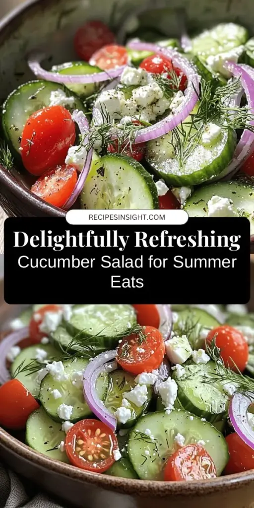 Beat the heat this summer with a Refreshing Cucumber Delight salad! Bursting with crisp cucumbers, zesty red onions, juicy cherry tomatoes, and fragrant dill, this light dish is perfect for warm days. Tossed with a tangy olive oil and red wine vinegar dressing, it's not just tasty but also packed with nutrients. Ideal for barbecues or light lunches, this salad is a must-try for any health-conscious food lover. #CucumberSalad #HealthyEating #SummerRecipes #SaladLovers #FreshAndLight