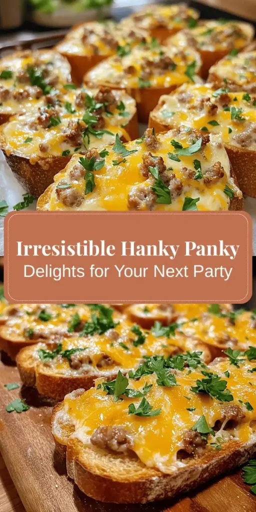 Discover the perfect appetizer for your next gathering with Hanky Panky Delights! This delicious finger food combines savory sausage, creamy cheese, and spices all served on rye bread for an unforgettable bite. Ideal for parties, game days, or just casual get-togethers, these easy-to-make treats are sure to impress your guests of all ages. Try this crowd-pleaser today! #HankyPankyDelights #Appetizers #PartyFood #FingerFoods #ComfortFood #EasyRecipes #GatheringSnacks