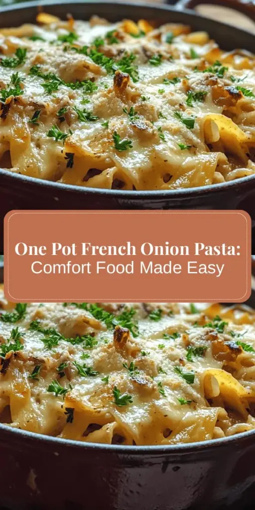 Indulge in the comforting warmth of One Pot French Onion Pasta, a delightful twist on the classic French onion soup! This dish combines rich caramelized onions, aromatic garlic, savory broth, and gooey cheese—all cooked together for effortless flavor. Perfect for busy nights, it promises minimal cleanup and maximum satisfaction. Enjoy a cozy meal that brings family and friends together! #ComfortFood #OnePotPasta #FrenchOnion #EasyRecipes #FamilyDinner #HomeCooking #PastaLove #CulinaryJourney