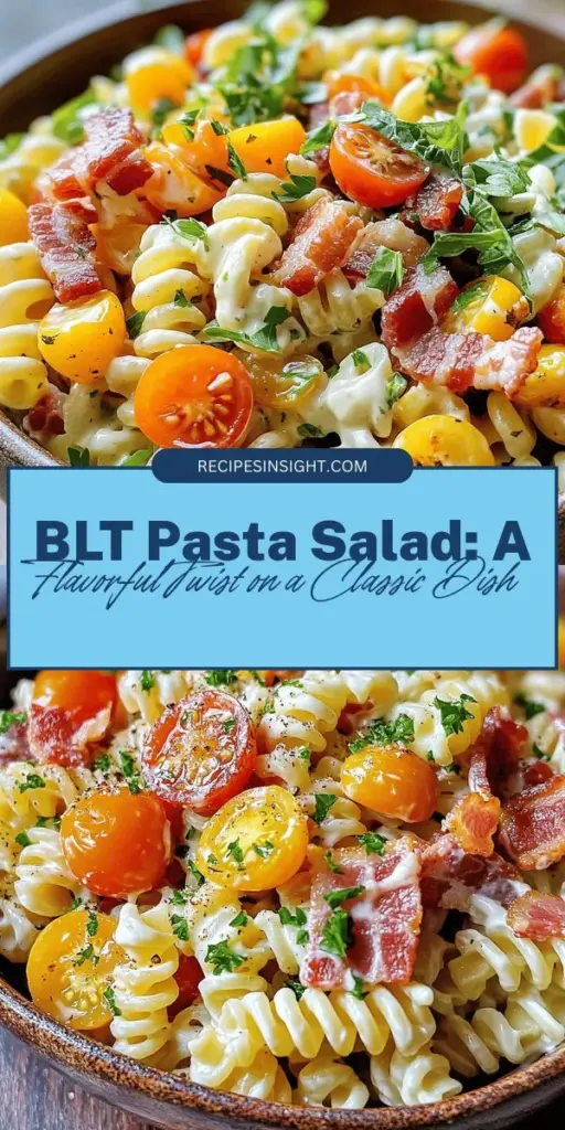 Dive into flavor with the BLT Pasta Salad Extravaganza, a delicious and easy twist on the classic BLT sandwich! This vibrant salad combines crispy bacon, juicy cherry tomatoes, crunchy romaine, and tender rotini pasta, all brought together with a creamy dressing. Perfect for picnics and potlucks, this dish is sure to impress. Prepare it ahead for a hassle-free meal any time! #BLTPastaSalad #SummerSalad #EasyRecipes #PastaSalad #FoodieFun #PicnicEats #ComfortFood