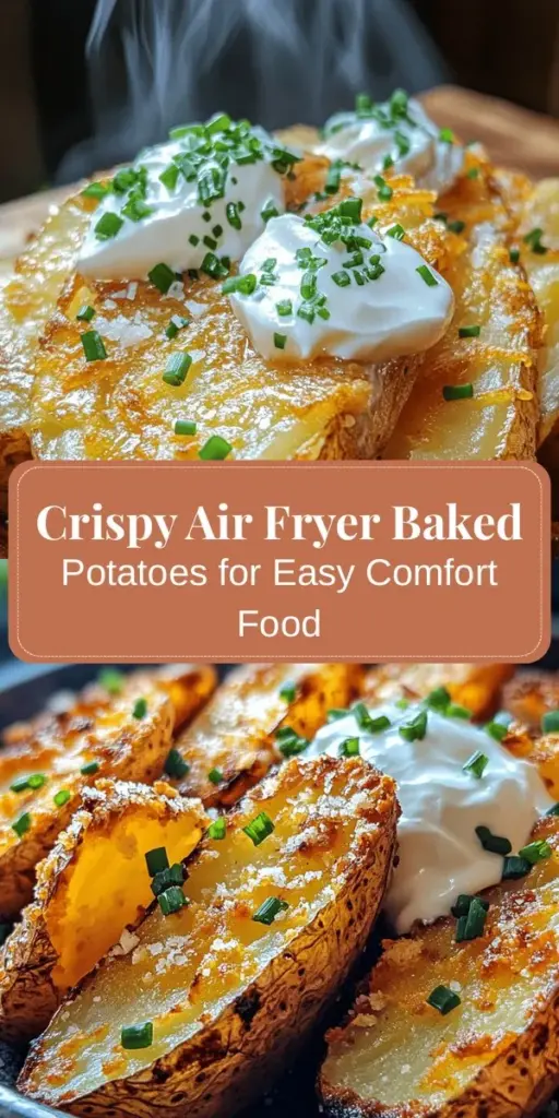 Discover the joy of making crispy air fryer baked potatoes! This simple yet delicious recipe transforms a classic comfort food into a healthier option without sacrificing flavor. Using just a few ingredients, you can achieve a golden, crispy exterior and fluffy interior in no time. Perfect as a side dish or a base for creative toppings, these potatoes are versatile and satisfying. Try them out for your next meal! #AirFryerRecipes #BakedPotatoes #HealthyEating #ComfortFood #QuickMeals #Foodie