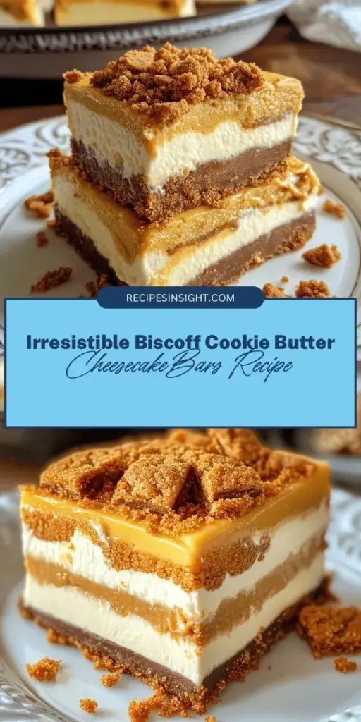 Indulge in the deliciousness of Biscoff Cookie Butter Cheesecake Bars! This recipe combines the caramelized flavor of Biscoff cookies with a creamy cheesecake filling, set on a buttery crust. Perfect for gatherings or a sweet treat at home, these bars feature a delightful balance of textures and flavors. Discover how to create this indulgent dessert that’s sure to impress! #Biscoff #CookieButter #Cheesecake #DessertRecipe #BakingFun #SweetTreats #Yummy