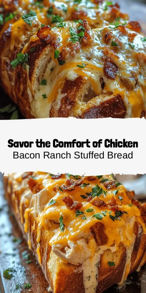 Indulge in the ultimate comfort food with this Chicken Bacon Ranch Stuffed Bread! Imagine a crispy loaf filled with tender chicken, crispy bacon, and creamy ranch dressing, all melted with gooey cheese. Perfect for family dinners, parties, or game day snacks, this dish is sure to impress. Learn how to make this flavor-packed treat with step-by-step instructions and tips for success. Elevate your gatherings with this delicious recipe! #StuffedBread #ComfortFood #ChickenBaconRanch #Foodie #Yum