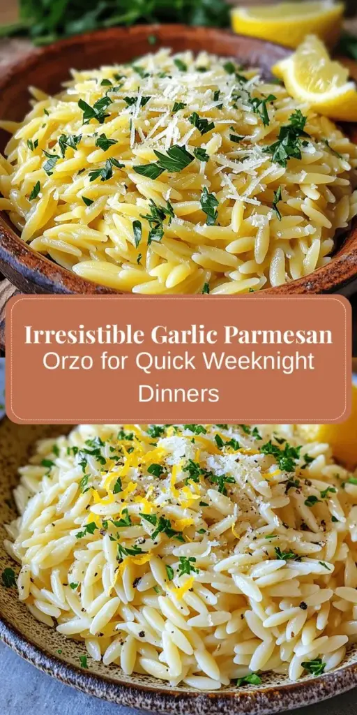 Discover the rich, creamy goodness of Garlic Parmesan Orzo Delight, a perfect dish for busy weeknights! This quick and flavorful pasta combines the aromatic essence of garlic, nutty Parmesan, and bright lemon zest for a mouthwatering experience. Packed with nutrients, orzo pasta is versatile enough to complement various meals. Elevate your dining with this delightful recipe and make mealtime special! #GarlicParmesanOrzo #PastaRecipe #ComfortFood #QuickMeals #Foodie #YumAndFun #CookingAtHome