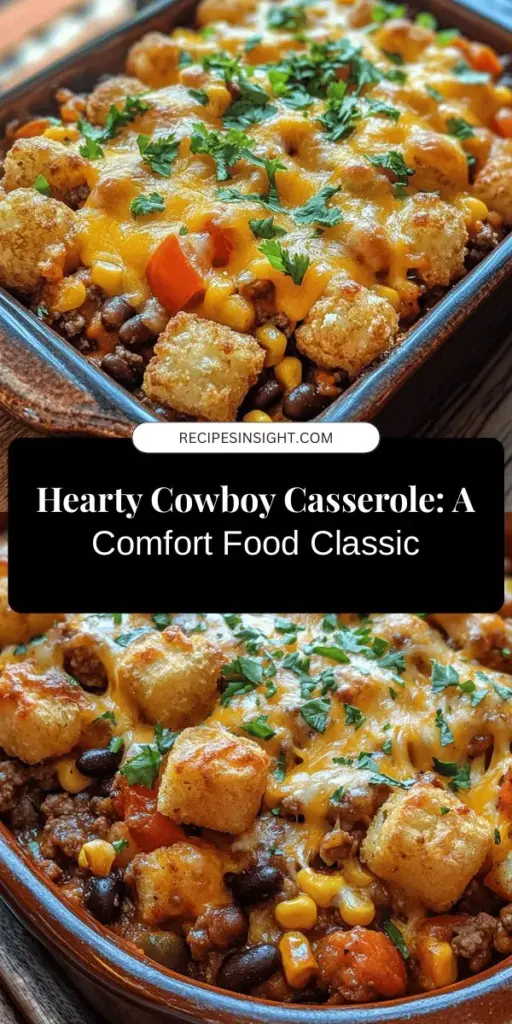 Looking for a hearty, comforting meal? Try Cowboy Casserole, a delicious one-dish wonder that combines ground beef, beans, corn, and spices topped with melty cheese and crispy tater tots. Perfect for family dinners or potlucks, this dish is easy to customize for different diets. Enjoy warm bites filled with flavor and nostalgia. Gather your ingredients and let the cooking begin! #CowboyCasserole #ComfortFood #FamilyMeals #OneDishWonder #DinnerIdeas #RecipeShare