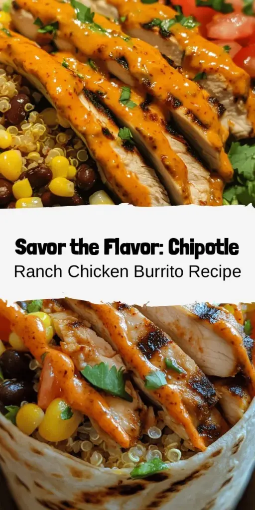 Discover the deliciousness of a Chipotle Ranch Grilled Chicken Burrito! This flavorful meal combines smoky grilled chicken, creamy ranch dressing, and fresh toppings, all wrapped in a soft tortilla. Packed with protein, fiber, and essential nutrients, it's perfect for any occasion. Enjoy making this satisfying dish at home while tailoring it to your taste. Get ready for a culinary adventure! #BurritoRecipe #GrilledChicken #ChipotleRanch #HealthyEating #Foodie #HomeCooking #DeliciousMeal