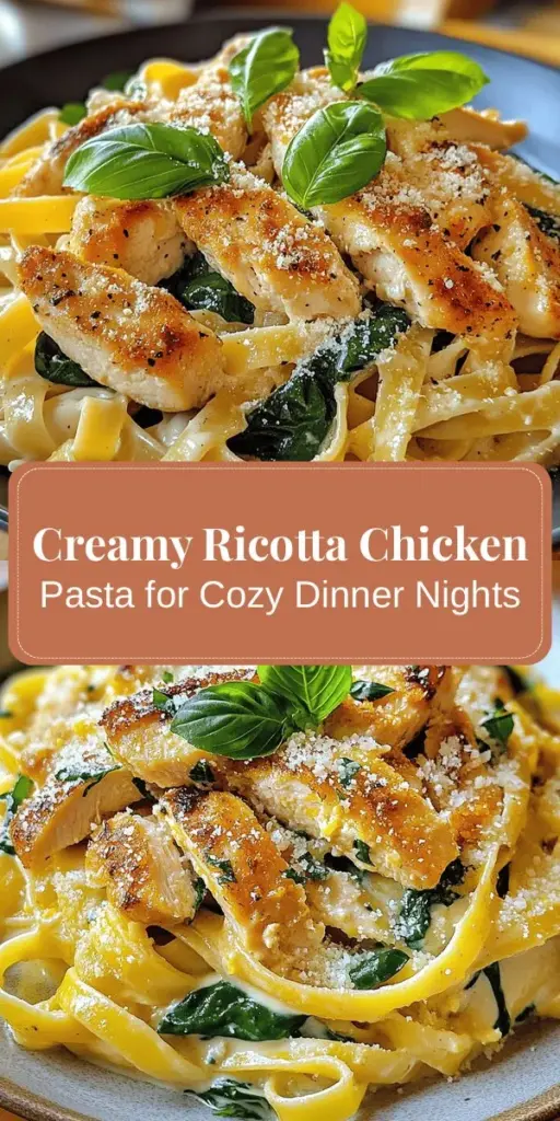 Indulge in the comforting flavors of Creamy Ricotta Chicken Pasta, a delightful dish that combines succulent chicken, creamy ricotta, and vibrant spinach, all tossed with your choice of pasta. Perfect for any occasion, this meal is not just delicious but also nutritious, packed with protein and essential vitamins. Explore variations to suit dietary preferences and bring warmth to your family dinners or special dates. #PastaRecipe #ComfortFood #Ricotta #ChickenPasta #EasyMeals