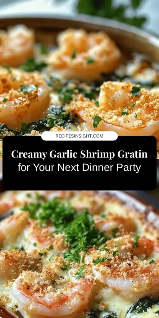 Indulge in the rich flavors of Garlic Shrimp Gratin! This creamy and cheesy dish features succulent shrimp, aromatic garlic, and fresh spinach, topped with a golden breadcrumb crust. Perfect for any occasion, it's easy to prepare and sure to impress your guests. Whether you're hosting a dinner party or just treating yourself, this gratin offers a gourmet experience at home. Try this delicious twist on comfort food today! #GarlicShrimpGratin #SeafoodLovers #ComfortFood #EasyRecipes #DinnerPartyIdeas