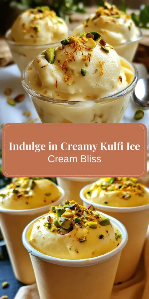 Discover the blissful taste of traditional Indian Kulfi with this deliciously creamy recipe! Perfectly rich and infused with aromatic spices like cardamom and saffron, every bite is a delightful culinary experience. Serve this frozen treat at celebrations or make it your go-to dessert for warm days. With a combination of whole milk, heavy cream, and nuts, it’s not just a dish, but a celebration of culture. #Kulfi #IndianDesserts #CreamyDelight #HomemadeIceCream #SweetTreats