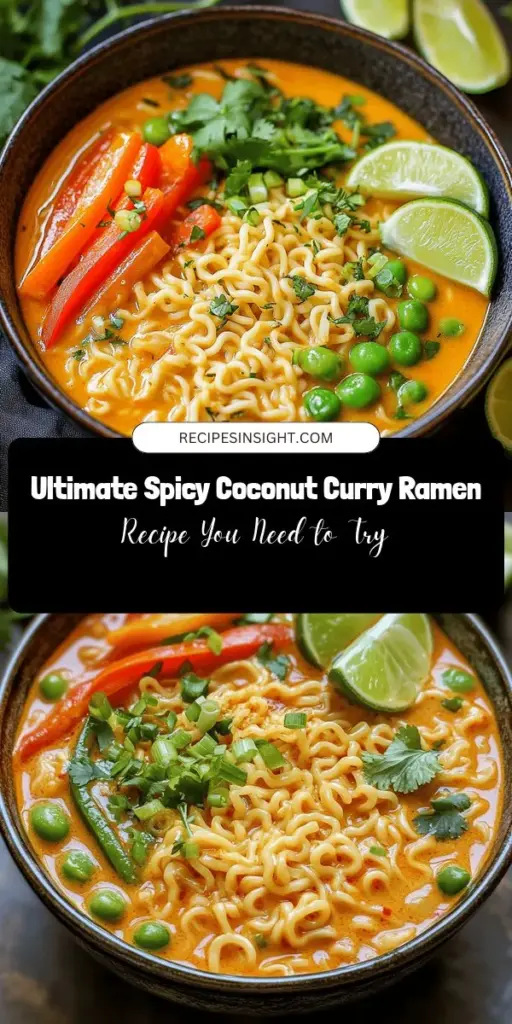 Warm up your weeknights with this Spicy Coconut Curry Ramen! This simple, yet flavorful recipe combines hearty ramen noodles, rich coconut milk, and aromatic red curry paste for a dish that's creamy and satisfying. Packed with colorful veggies, it's a customizable meal that’s as nutritious as it is delicious. Perfect for cozy dinners or impressing guests, it balances health with indulgence. Try it today! #SpicyCoconutCurry #Ramen #ComfortFood #HealthyEating #EasyRecipes #DinnerIdeas