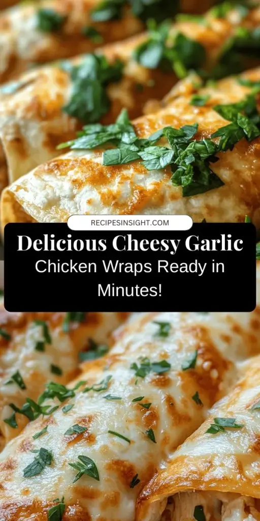 Discover the deliciousness of Cheesy Garlic Chicken Wraps! This versatile recipe combines shredded chicken, creamy mozzarella, and aromatic garlic, all wrapped in a soft tortilla. Perfect for lunch, dinner, or gatherings, these wraps offer a satisfying blend of flavors and textures. Customize with your favorite veggies and cheeses, and pair with dipping sauces for an unforgettable meal. Get ready to impress your taste buds! #CheesyGarlicWraps #EasyMeal #Foodie #HealthyEating #DeliciousDinner #RecipeIdeas