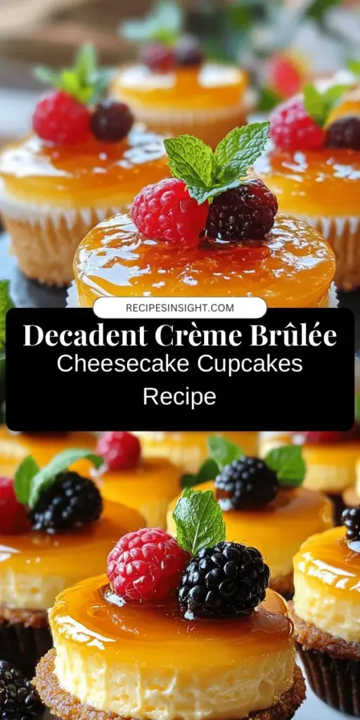 Treat yourself to the ultimate dessert experience with these Crème Brûlée Cheesecake Cupcakes! Combining the creamy indulgence of cheesecake with the crispy caramelized topping of crème brûlée, these elegant cupcakes will impress at any gathering. With a crunchy graham cracker crust and a velvety filling, each bite is a delightful fusion of textures and flavors. Perfect for special occasions or a sweet addition to your dessert repertoire! #Dessert #Cupcakes #Baking #Cheesecake #CrèmeBrûlée #Foodie #SweetTreats