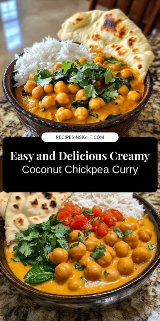 Discover the delightful Creamy Coconut Chickpea Curry, a perfect blend of rich flavors and wholesome nutrition! This easy-to-make plant-based dish features hearty chickpeas and creamy coconut milk, enhanced with aromatic spices and fresh greens. It's a satisfying meal ideal for any occasion, from busy weeknights to relaxed weekends. Enjoy a delicious taste of plant-based cooking that promotes health and sustainability! #Curry #PlantBased #Chickpeas #HomeCooking #HealthyEating #VeganRecipes #ComfortFood