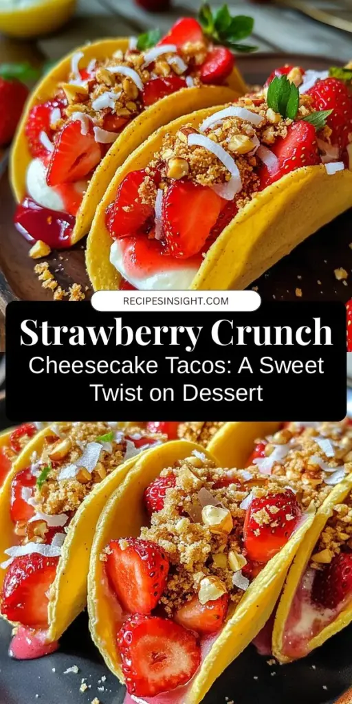 Take your dessert game to the next level with Strawberry Crunch Cheesecake Tacos! This unique twist on the classic cheesecake combines a crunchy graham cracker shell with a creamy filling, fresh strawberries, and a drizzle of strawberry sauce. Perfect for any gathering, these visually stunning and delicious treats will impress your family and friends. Discover how easy it is to prepare these delightful handheld desserts and enjoy every bite! #DessertTacos #CheesecakeLovers #StrawberryDessert #InnovativeRecipes #SweetTreats