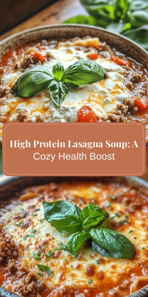 Discover the deliciousness of High Protein Lasagna Soup, a nutritious twist on traditional lasagna! Perfect for busy weeknights, this hearty meal is packed with protein-rich ground turkey or lean beef, fiber-filled whole wheat noodles, and vibrant veggies. Not only does it satisfy your cravings, but it also aligns with your health goals. Enjoy a warm, comforting bowl any time! #HighProteinLasagna #HealthySoup #MealPrep #ComfortFood #QuickDinner #NutritiousMeals