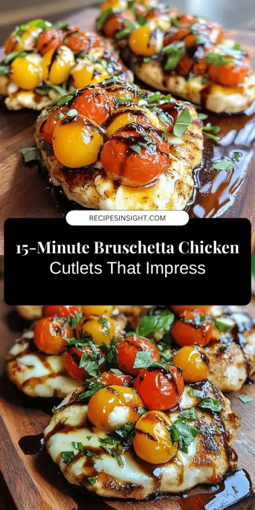 Discover the perfect weeknight dinner with Bruschetta Chicken Cutlets ready in just 15 minutes! This delicious dish combines tender chicken with fresh and vibrant bruschetta toppings like juicy tomatoes, fragrant basil, and rich balsamic vinegar. Quick, healthy, and bursting with flavor, it's ideal for busy nights or impressing guests. Try this easy recipe and elevate your dinner game! #BruschettaChicken #QuickHealthyMeals #EasyDinnerIdeas #ItalianFlavors #15MinuteMeals