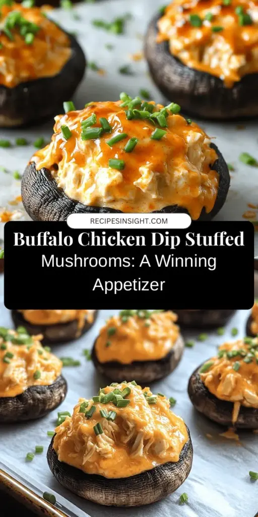 Elevate your appetizer game with Buffalo Chicken Dip Stuffed Baked Mushrooms! This crowd-pleasing treat blends the spicy richness of buffalo chicken dip with savory, earthy mushrooms for a unique twist. Ideal for parties, game days, or casual get-togethers, these stuffed mushrooms are gluten-free, low-carb, and customizable to fit any diet. With creamy cheese and tender chicken, sweeten the bite with ranch or blue cheese dressing. Get ready for rave reviews! #BuffaloChickenDip #StuffedMushrooms #Appetizers #GameDayEats #PartyFood #GlutenFreeRecipes #ComfortFood #Delicious