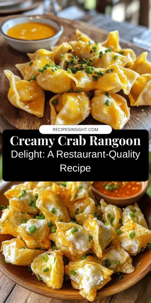 Savor the flavors of our Creamy Crab Rangoon Delight! This homemade recipe elevates the classic appetizer with a rich cream cheese filling and fresh crab meat wrapped in crispy wonton wrappers. Perfect for impressing guests at parties or enjoying a cozy night in, this dish balances creamy richness with crunch. Dive into our guide for step-by-step instructions, ingredient tips, and flavor variations to make it your own! #CrabRangoon #HomemadeAppetizers #SeafoodDelight #CookingAtHome #PartyFood