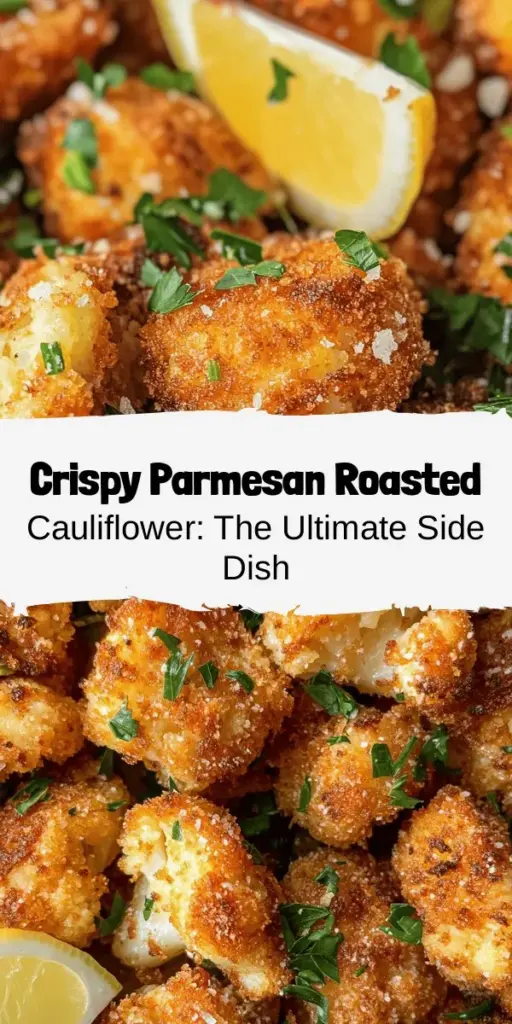 Elevate your dining experience with this Crispy Parmesan Roasted Cauliflower Delight! This vegan-friendly side dish features golden, tender cauliflower florets coated in a cheesy, crispy topping. It's simple to prepare and perfect for any occasion—family dinners, gatherings, or holiday feasts. Enjoy the savory flavors while benefiting from the nutrition packed in this versatile vegetable. Try it today for a delicious and healthy addition to your meals! #RoastedCauliflower #VeganRecipes #HealthyEating #SideDish #PlantBased