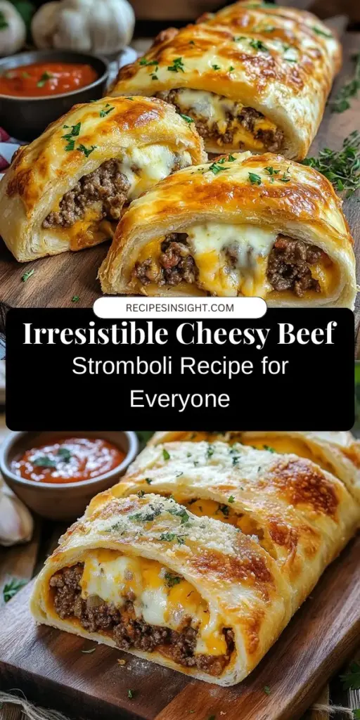 Indulge in the Cheesy Beef Stromboli Delight, a comforting rolled sandwich filled with seasoned ground beef and gooey melted cheese, all wrapped in flaky pizza dough. Perfect for gatherings or cozy nights in, this dish is easy to prepare and sure to impress. Serve it warm with marinara sauce for dipping! Unlock the secrets to making this delicious treat and enjoy a hearty meal everyone will love. #BeefStromboli #ComfortFood #EasyRecipes #CheesyDelights #ItalianCuisine #DinnerIdeas #FoodieFun