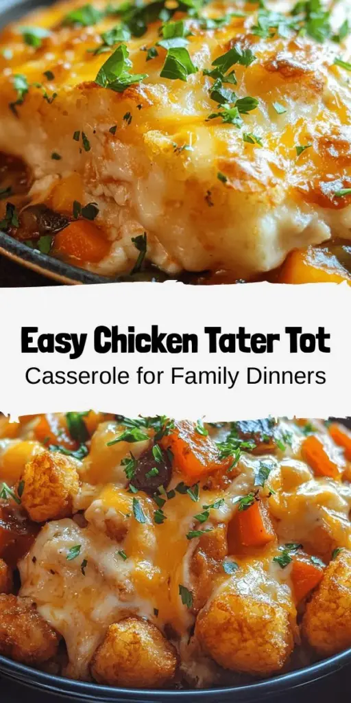 Satisfy your family's cravings with this comforting Chicken Tater Tot Casserole! Featuring tender chicken, crispy tater tots, and a medley of flavors, it's perfect for busy weeknights or gatherings. Simple to prepare and customizable, you can easily adapt it to fit dietary preferences. Get ready to serve a warm hug on a plate that everyone will love. Find the full recipe and tips in our article! #ChickenCasserole #TaterTots #FamilyDinner #ComfortFood #EasyRecipes #DinnerIdeas