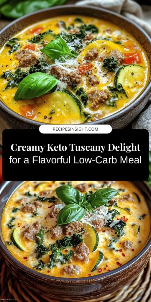 Discover the Creamy Keto Tuscany Delight, a scrumptious low-carb meal perfect for your ketogenic lifestyle! Made with Italian sausage, kale, zucchini, and heavy cream, this dish is loaded with flavor and nutrients. Easy to prepare in an Instant Pot, it's ideal for busy weeknights. Enjoy a comforting Italian-inspired dish that’s both satisfying and healthy! Try this delicious recipe today! #Keto #LowCarb #HealthyEating #InstantPot #ItalianCuisine #KetoRecipes #WeightLossJourney