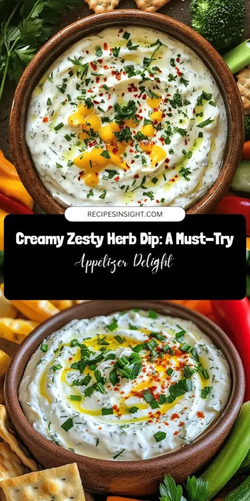 Looking for the perfect appetizer that’s sure to impress? Try this Creamy Zesty Herb Cream Cheese Dip! Combining rich creaminess with vibrant herbs, it's easy to make and deliciously versatile for any gathering. Serve with fresh veggies, crackers, or chips, and let everyone dip in. Enjoy a flavorful blend of cream cheese, sour cream, and fresh herbs that elevates any snacking experience. Perfect for parties or cozy nights in! #CreamyDip #Appetizer #HerbDip #SnackTime #PartyFood #DeliciousDips