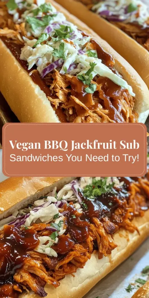 Discover the delicious world of BBQ Shredded Jackfruit Sub Sandwiches, a satisfying vegan option you won't want to miss! This recipe showcases jackfruit's unique ability to absorb flavors, making it a perfect meat substitute. Packed with healthy nutrients, these sandwiches are low in calories and high in fiber. Try them with crunchy coleslaw for extra texture and flavor. Perfect for BBQ lovers and plant-based eaters alike! #VeganRecipes #Jackfruit #BBQSandwich #PlantBased #HealthyEats #ComfortFood