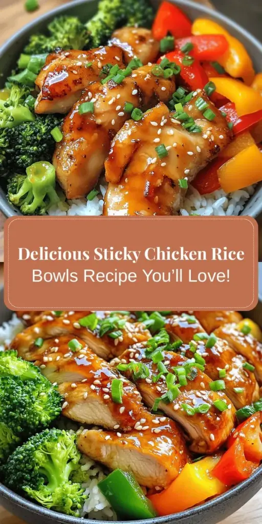 Discover the ultimate comfort food with Sticky Chicken Rice Bowls! This easy-to-make recipe combines tender marinated chicken, fluffy jasmine rice, and colorful veggies for a delicious and nutritious meal. Perfect for family dinners or meal prep, these bowls are packed with flavor and can be customized to suit your taste. Try adding tofu or different sauces for variety! Enjoy a wholesome dish that's sure to please everyone at the table. #StickyChicken #RiceBowls #ComfortFood #MealPrep #EasyRecipes