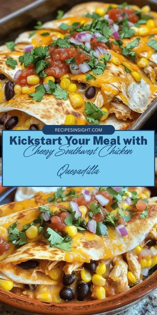 Discover the deliciousness of Cheesy Southwest Chicken Quesadillas! This quick, flavorful dish is perfect for any meal and is easily customizable. Loaded with shredded chicken, black beans, corn, and melty cheese, it’s a crowd-pleaser. Serve it with salsa and guacamole for the ultimate experience. Get ready to impress your friends and family with this delightful recipe that combines bold southwestern flavors in every bite! #Quesadilla #Recipe #Southwest #Cooking #Foodie #QuickMeals #MexicanCuisine #Yummy