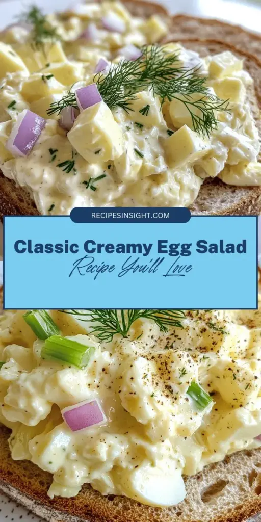 Discover the joy of making a Classic Creamy Egg Salad Delight with our easy recipe! Perfectly boiled eggs blend with creamy mayonnaise, Dijon mustard, and fresh veggies for a deliciously satisfying dish. Enjoy it on sandwiches, in lettuce wraps, or as a tasty dip. This egg salad not only tastes great but is packed with protein and nutrients too! Elevate your meal with this versatile recipe. #EggSalad #ComfortFood #HealthyEating #RecipeIdeas #Yum