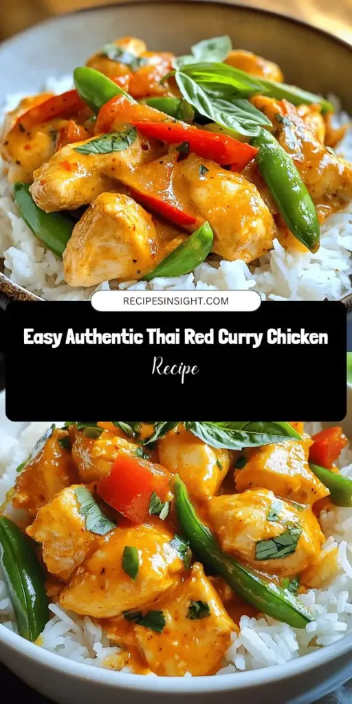 Discover the vibrant flavors of Thailand with this authentic Thai Red Curry Chicken recipe! In just under 30 minutes, you can create a mouthwatering dish featuring tender chicken, creamy coconut milk, and fresh vegetables. Perfect for busy weeknights or impressing guests, this recipe is easily customizable for all spice levels. Dive into the essence of Thai cuisine and bring a taste of Thailand to your kitchen today! #ThaiCuisine #RedCurry #QuickRecipes #Foodie #CookingInspiration