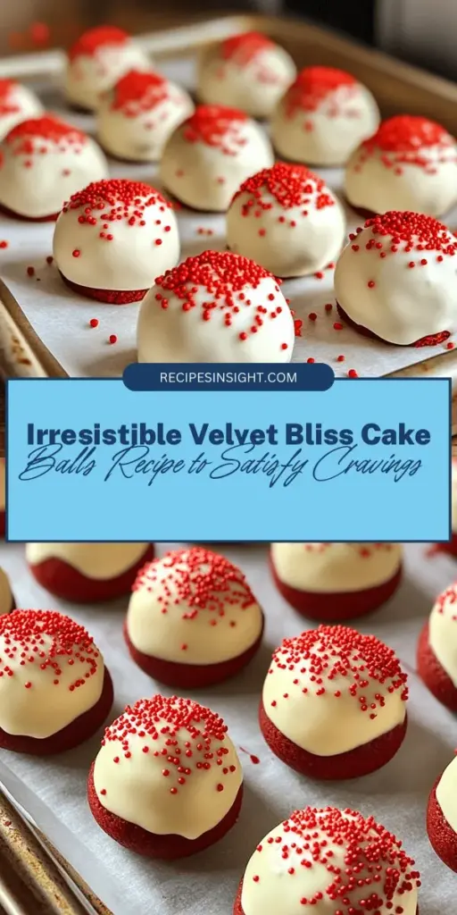 Indulge in the heavenly taste of Velvet Bliss Cake Balls, a perfect treat for any occasion! Combining the richness of red velvet cake and cream cheese frosting, these bite-sized desserts are easy to make and even easier to enjoy. Coat them in white chocolate and add fun sprinkles for a festive flair. Ideal for parties, gifts, or simply satisfying your sweet tooth. Try this recipe and impress your friends! #Dessert #Baking #CakeBalls #RedVelvet #Recipes #SweetTreats