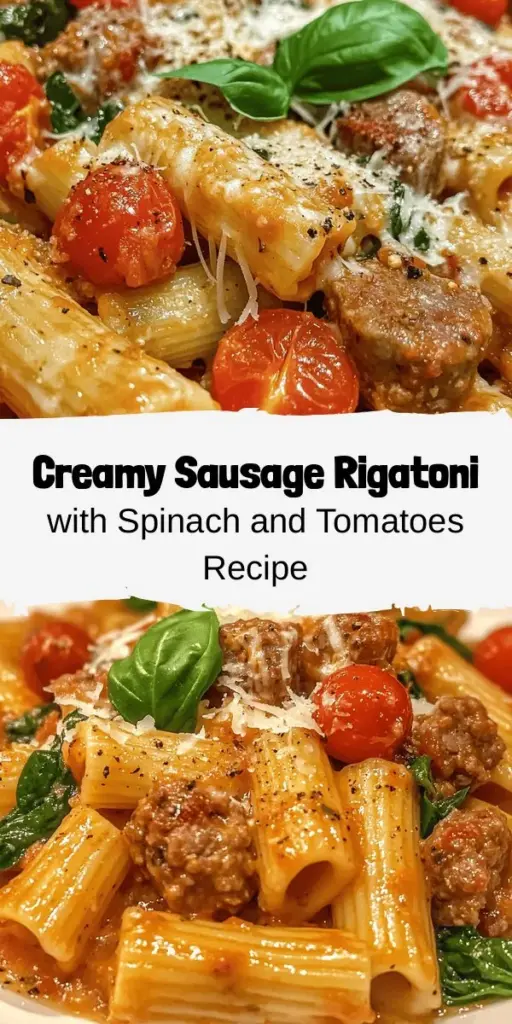 Indulge in the comforting flavors of Creamy Sausage Rigatoni with Spinach and Tomato! This easy-to-make dish combines hearty rigatoni, savory Italian sausage, fresh spinach, and sweet cherry tomatoes, all enveloped in a creamy sauce. Perfect for weeknight dinners or gatherings, it's a family favorite that will please everyone. Quick, delicious, and visually stunning! #CreamySausageRigatoni #PastaLovers #ComfortFood #EasyRecipes #DinnerInspiration