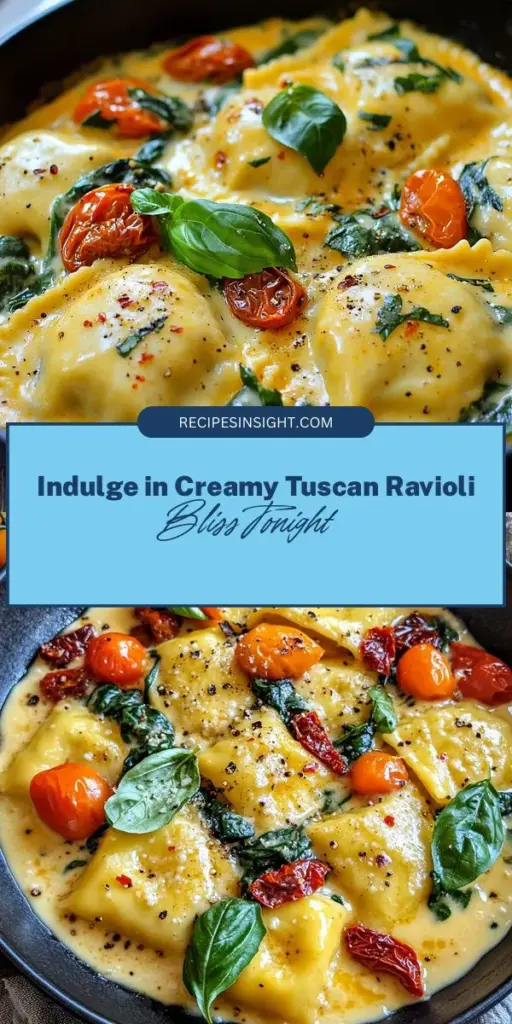 Indulge in the rich flavors of Creamy Tuscan Ravioli Delight, a sumptuous Italian dish that combines tender cheese ravioli, vibrant spinach, juicy cherry tomatoes, and a luscious cream sauce. Perfect for pasta lovers and those seeking comfort food, this recipe brings the essence of Tuscany to your kitchen. Elevate your dining experience with simple, fresh ingredients and step-by-step instructions for a meal that's sure to impress. #TuscanRavioli #PastaLovers #ItalianCuisine #ComfortFood #CookingAtHome #FoodieFun