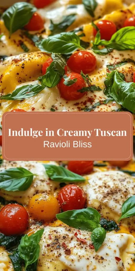 Create a delicious experience with this Creamy Tuscan Ravioli recipe that's both easy and impressive. In just 30 minutes, you can enjoy the rich flavors of creamy sauce combined with fresh ingredients like garlic, cherry tomatoes, and spinach. Whether for a cozy dinner or a special occasion, this dish offers versatility and comfort in every bite. Perfect for customizing with your favorite fillings! #TuscanRavioli #ItalianCuisine #ComfortFood #PastaRecipes