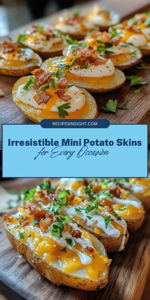 Satisfy your cravings with Mini Potato Skins, the perfect appetizer for any occasion! These bite-sized delights offer a crispy exterior and creamy interior, making them a hit at parties and gatherings. Customize your toppings from classic cheese and bacon to creative options like pulled pork or guacamole. They're easy to prepare and guarantee smiles all around! Discover the joy of Mini Potato Skins today! #MiniPotatoSkins #Appetizers #PartyFood #ComfortFood #Foodie